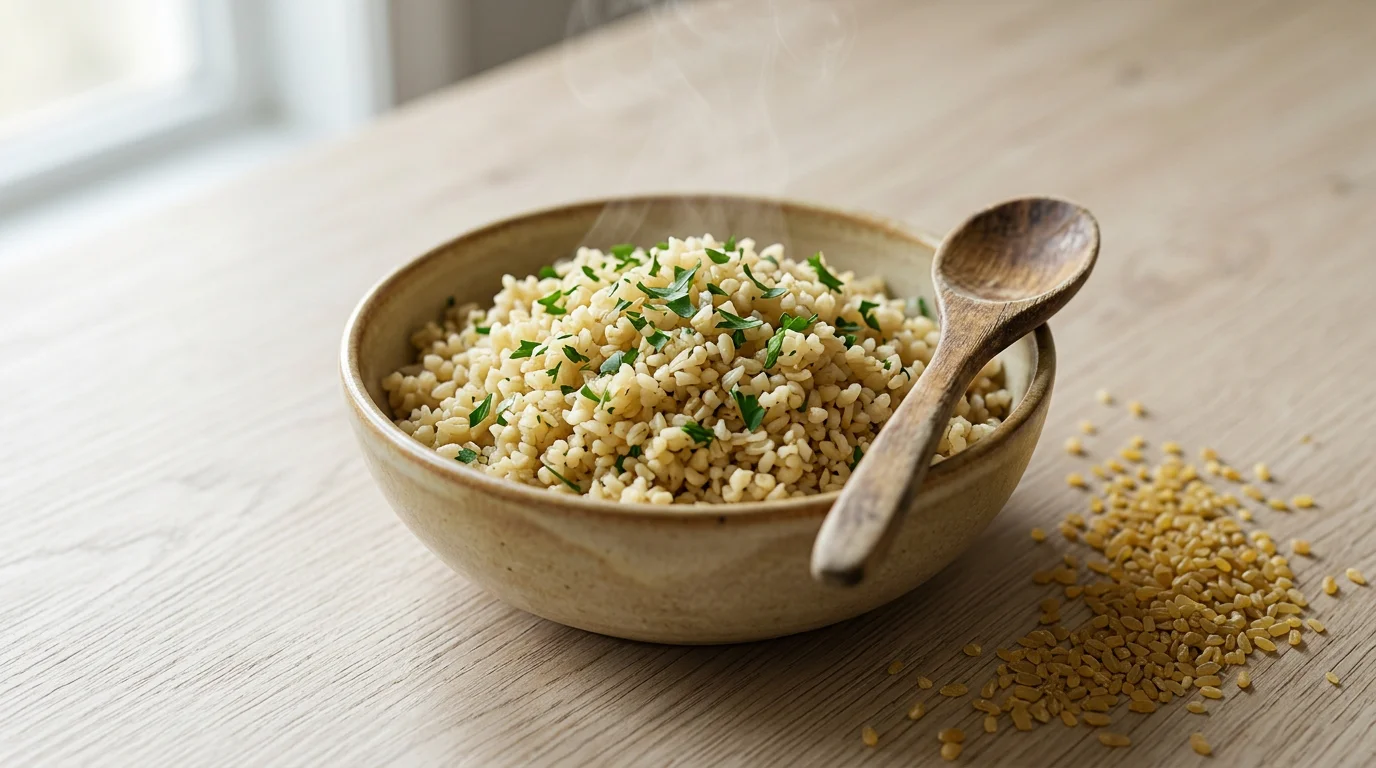 A ceramic bowl of bulgur pilaf with a wooden spoon on a pale table