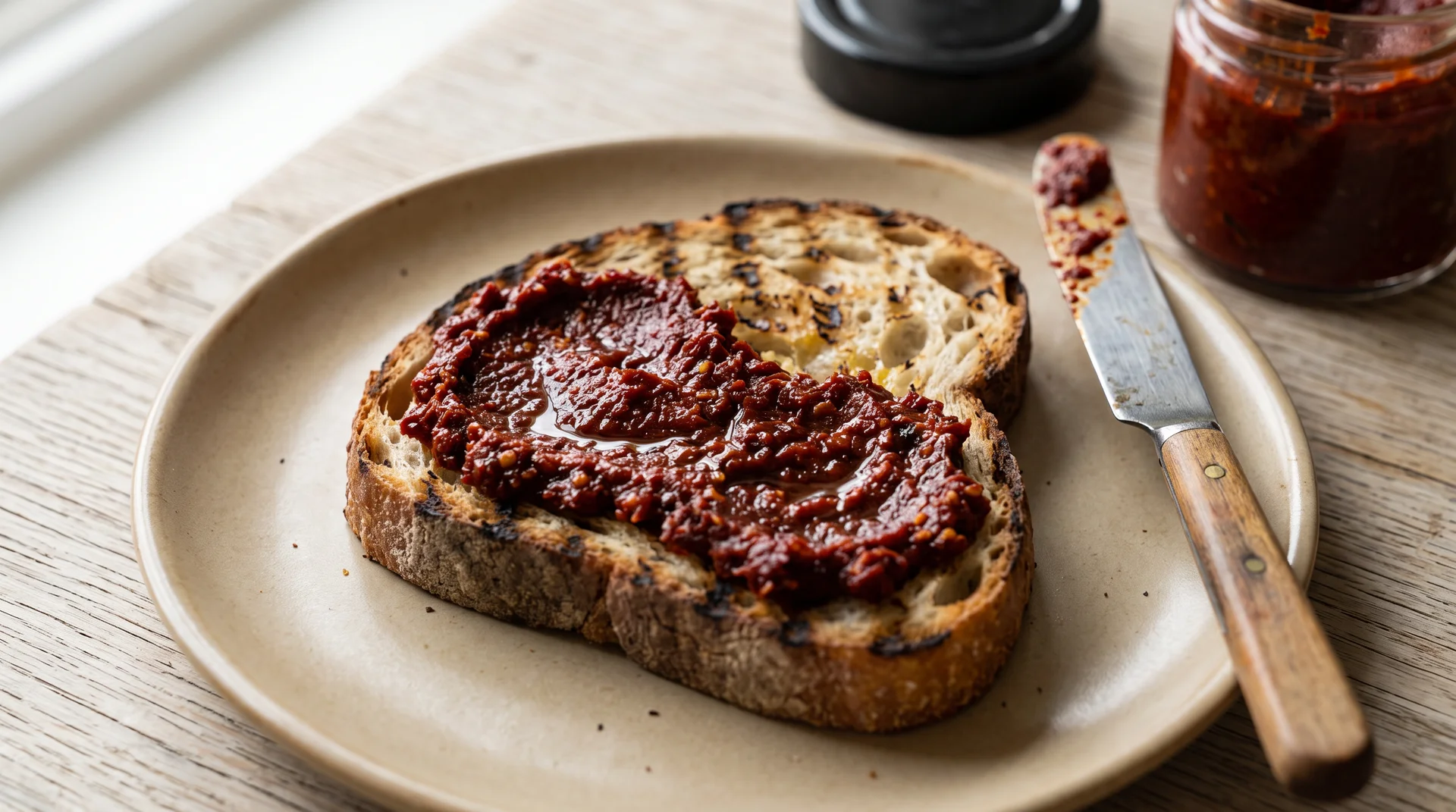 Pepper paste spread on grilled sourdough beside a knife